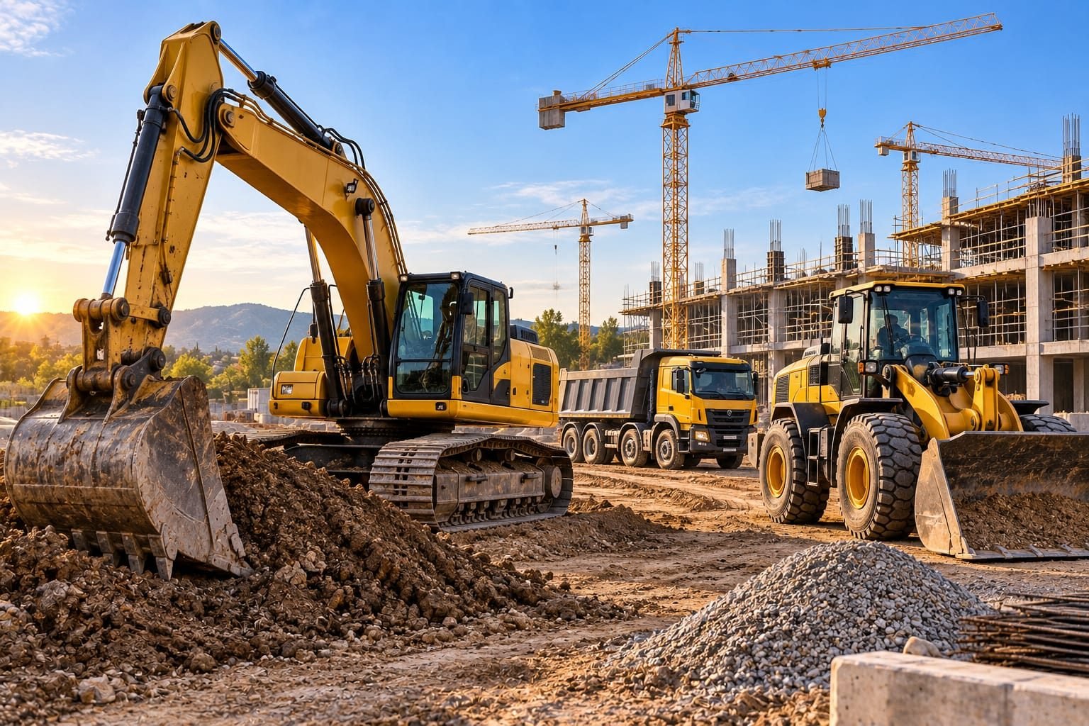 Excavadora, dumper y pala cargadora en obra de construccion